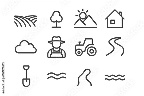 Agricultural Line Icons. Agricultural landscape. Line icon set of agricultural landscape: field, plowed rows, tree, mountain, sun, house, cloud, farmer,