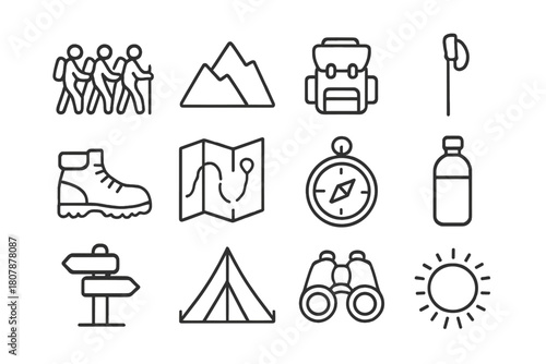 Group Hiking Icons. Group hiking trips. Line icon set of Group hiking trips: group of hikers, mountain, backpack, walking stick, hiking boots, map, compass,