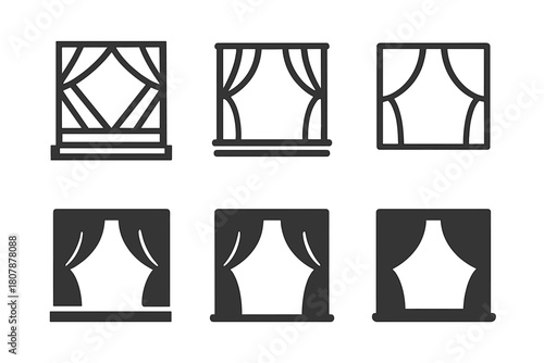 Theater Curtain Logos. Curtains drawn in theater. Icon set. Set Logo of Curtains drawn in theater: Stage props behind curtain. harmonious logo variations of