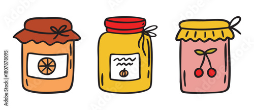 Cozy autumn doodle three jam jars orange cherry pumpkin rustic, hand drawn warm rustic style