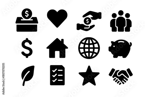 Charity Icon Set. Charity funding. Solid icon set of charity funding: donation box, heart, hand with coin, people group, dollar sign, house, globe, piggy bank,