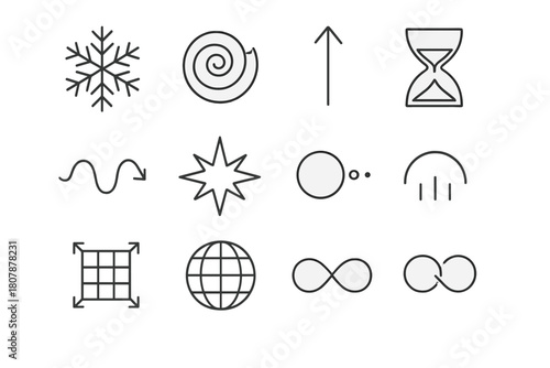 Future Universe Icons. Future universe scenarios. Line icon set of future universe scenarios: big freeze snowflake, big crunch spiral, big rip arrow, entropy
