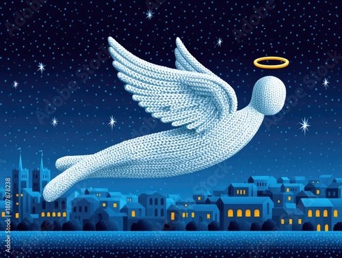 A Christmas angel flies across the starry sky above a winter city at night. Illustration for a New Year's card or children's book.