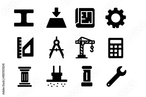 Structural Engineering Icons. Structural engineering. Solid icon set of structural engineering: beam, load icon, blueprint, gear, ruler, compass, crane,