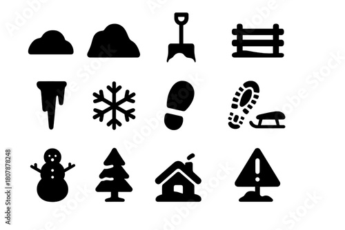 Snow Mound Icons. Snow Mounds. Solid icon set of Snow Mounds: snowdrift, plow pile, snow shovel, snow fence, icicle, snowflake, boot print, sled, snowman, pine
