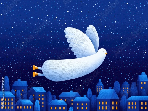 A white fairytale dove flies over a winter city at night. A magical bird illustration for a Christmas card or children's book.