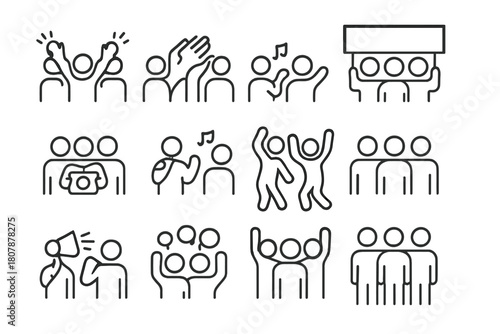 Dynamic Crowd Icons. Crowd activities. Line icon set of Crowd activities: cheering, clapping, waving, holding banners, taking photos, singing, dancing,