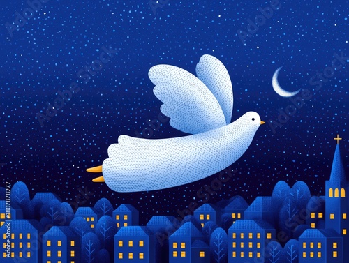 A white fairytale dove flies over a winter city at night. A magical bird illustration for a Christmas card or children's book.