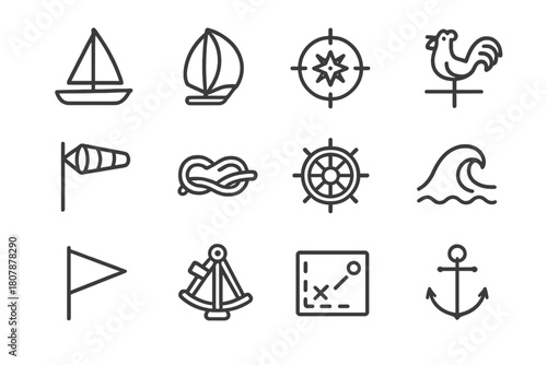 Sailing Icon Collection. Sailing winds. Line icon set of sailing winds: sailboat, spinnaker, compass, wind vane, wind sock, knot rope, helm wheel, sea wave,