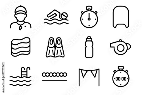 Swim Training Icons. Swim training. Line icon set of swim training: coach, swimmer, stopwatch, kickboard, pull buoy, fins, water bottle, whistle, pool, lane