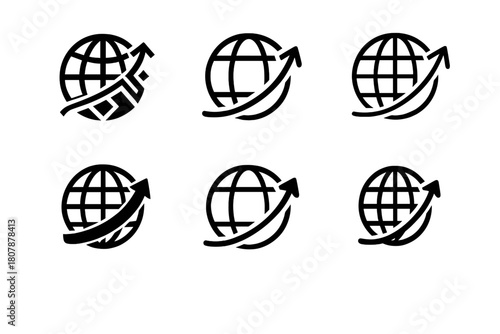 Resilient Globe Logos. economic recovery after crises. Icon set. Set Logo of economic recovery after crises: resilient globe with arrows. harmonious logo