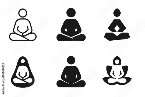 Mindful Emblem Logos. Learning mindfulness for stress relief. Icon set. Set Logo of Learning mindfulness for stress relief: Meditation pose. harmonious logo
