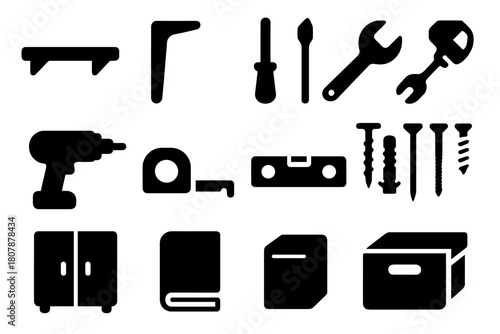 Storage Installation Icons. Installing an adjustable shelving system for flexible storage. Solid icon set of installing an adjustable shelving system for