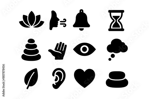 Mindfulness Icon Set. Mindfulness and focus. Line icon set of mindfulness and focus: lotus flower, brain, headphones, breath icon, metronome, chair, journal,