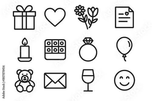 Thoughtful Gesture Icons. Surprising your partner with a thoughtful gesture. Line icon set of Surprising your partner with a thoughtful gesture: gift box,