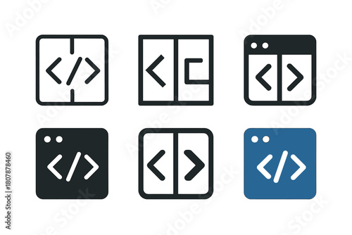 Coding Icons Grid. Online coding platform interface. Icon set. Set Logo of online coding platform interface: split-screen layout representing editor and