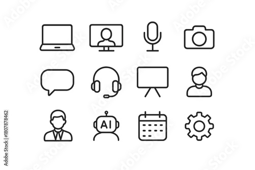 Virtual Classroom Icons. Virtual classrooms. Line icon set of virtual classrooms: teacher avatar, student screen, whiteboard, chat window, raise hand icon,