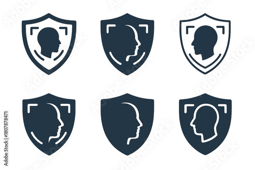 Facial Recognition Logos. Facial recognition. Icon set. Set Logo of facial recognition: camera lens with face aperture motif. harmonious logo variations of the