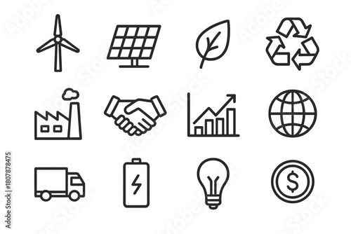 Renewable Energy Icons. Renewable energy research. Solid icon set of Renewable energy research: solar panel, wind turbine, battery, lightbulb, microscope, test