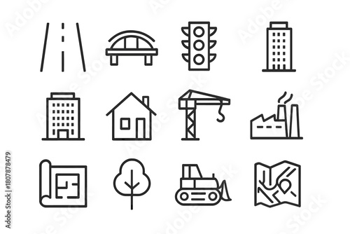 City Infrastructure Icons. City infrastructure. Line icon set of City infrastructure: road, bridge, traffic light, skyscraper, apartment building, house,