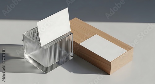 Sleek office stationery setup with a blank business card mockup in a fluted glass holder and wooden box under bright sunlight