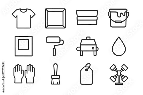 Screen Printing Icons. Screen printing. Line icon set of screen printing: T-shirt, screen frame, squeegee, paint bucket, stencil, roller, dryer, ink drop,