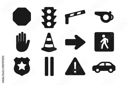 Traffic Control Icons. Traffic control. Solid icon set of traffic control: stop sign, traffic light, barrier, whistle, hand signal, cone, arrow, pedestrian