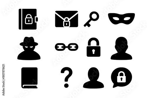 Secret Icons Collection. Secret Confession. Solid icon set of Secret Confession: locked diary, envelope, key, mask, shadowed face, chains, padlock, closed
