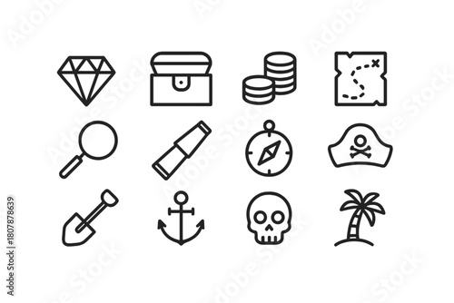 Treasure Icons Collection. Hidden gems. Line icon set of hidden gems: gem, treasure chest, gold coins, map, magnifying glass, telescope, compass, pirate hat,
