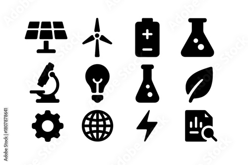 Renewable Icons Set. Renewable innovation. Solid icon set of Renewable innovation: solar panel, wind turbine, battery, lab flask, microscope, lightbulb, test