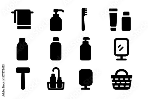 Neat Bathroom Icons. Neat Bathroom. Solid icon set of Neat Bathroom: towel, soap dispenser, toothbrush, toothpaste, shampoo bottle, conditioner bottle, lotion,