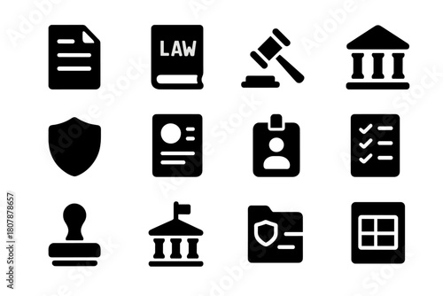 Regulatory Icons Set. Regulatory framework. Solid icon set of Regulatory framework: document, law book, gavel, courthouse, shield, report paper, ID badge,