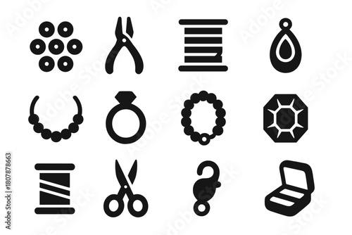 Jewelry Making Icons. Jewelry making. Line icon set of jewelry making: bead string, clasp, pliers, chain, wire coil, gemstone, charm, earring hook, pendant,