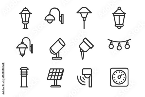 Outdoor Lighting Icons. Placing outdoor lighting for added curb appeal. Line icon set of placing outdoor lighting for added curb appeal: garden lamp, wall