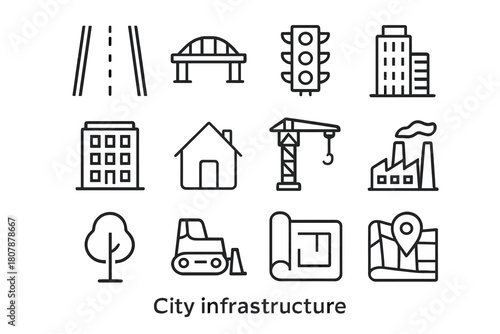 City Infrastructure Icons. City infrastructure. Line icon set of City infrastructure: road, bridge, traffic light, skyscraper, apartment building, house,