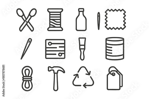 Upcycled Design Icons. Upcycled design. Line icon set of upcycled design: scissors, thread spool, bottle, fabric patch, sewing needle, wooden board, paint