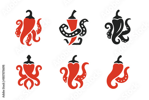 Spicy Seafood Logos. Spicy seafood. Icon set. Set Logo of Spicy Seafood: lobster with heat wave accents. harmonious logo variations of the same emblematic