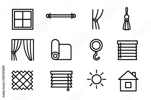 Curtain Icon Set. Interior curtains. Line icon set of interior curtains: window, curtain rod, tieback, tassel, sheer drape, fabric roll, ring hook, bracket,