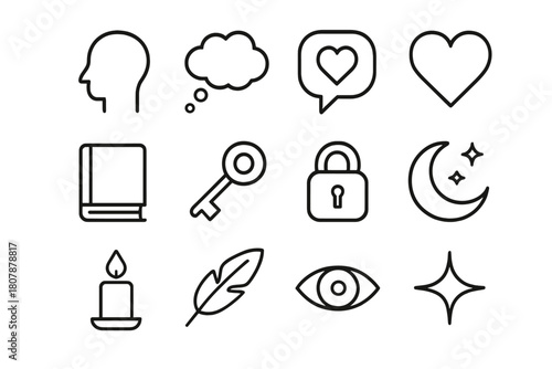 Inner Thoughts Icons. Inner thoughts. Line icon set of inner thoughts: head silhouette, thought bubble, cloud, heart, journal, key, lock, moon, stars, candle,