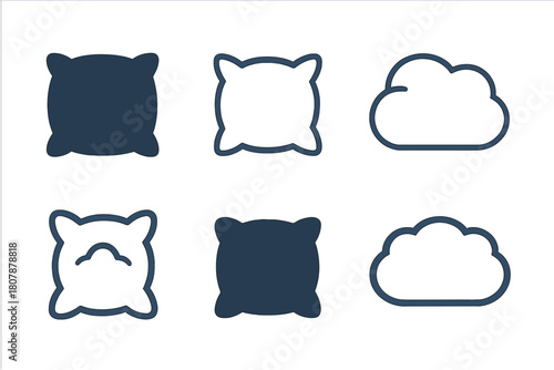 Pillow Icon Variations. Extra pillow. Icon set. Set Logo of extra pillow: pillow with moon symbol for sleep comfort. harmonious logo variations of the same