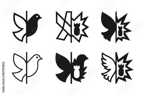 Peace and Chaos Logos. War. Icon set. Set Logo of War: contrasting halves ? peace and chaos symbol. harmonious logo variations of the same emblematic concept,