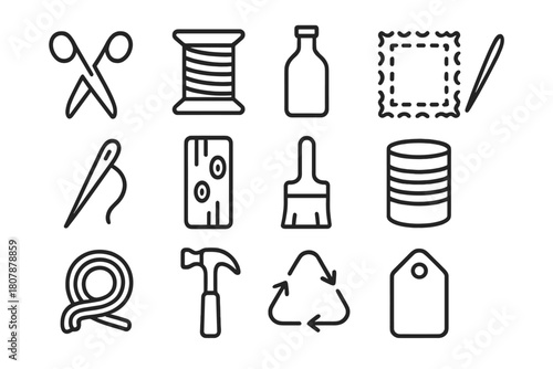 Upcycled Design Icons. Upcycled design. Line icon set of upcycled design: scissors, thread spool, bottle, fabric patch, sewing needle, wooden board, paint