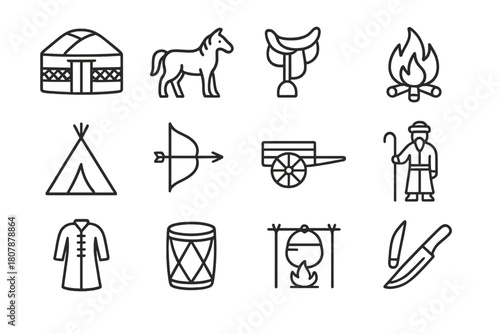 Nomadic Culture Icons. Nomadic Culture. Line icon set of Nomadic Culture: yurt, horse, saddle, campfire, tent, bow and arrow, cart, shepherd, traditional