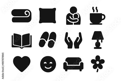 Comfort Icons Set. Comfort and Care. Solid icon set of Comfort and Care: blanket, pillow, hug, tea, book, slippers, gentle hands, soft light, heart, smiling