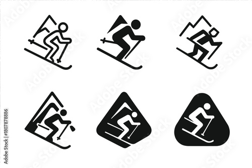 Mountain Skiing Logos. Skiing on mountain slopes. Icon set. Set Logo of skiing on mountain slopes: skier with poles gliding down slope. harmonious logo