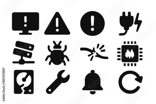 System Failure Icons. System failure. Solid icon set of System failure: computer error screen, warning triangle, red exclamation, power outage, crashed server,