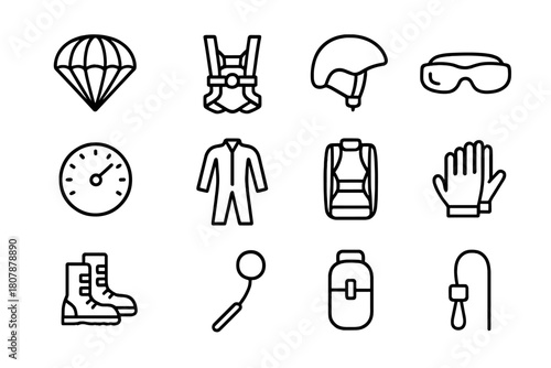 Parachuting Equipment Icons. Parachuting equipment. Line icon set of parachuting equipment: parachute, harness, helmet, goggles, altimeter, jumpsuit, backpack,