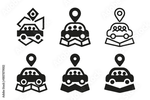 Family Trip Logos. Family car trip. Icon set. Set Logo of family car trip: road sign. harmonious logo variations of the same emblematic concept, each with