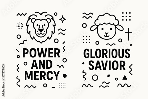 Lion and Lamb Banners. Lion and Lamb. Two vertical A6 banners with safe margins, centered composition, no elements touching edges, memphis, black and white,