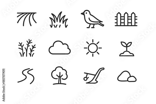 Fallow Land Icons. Fallow Land. Line icon set of Fallow Land: soil rows, grass, weeds, bird, fence, cloud, sun, seedling, path, tree, plow, stone. All outline